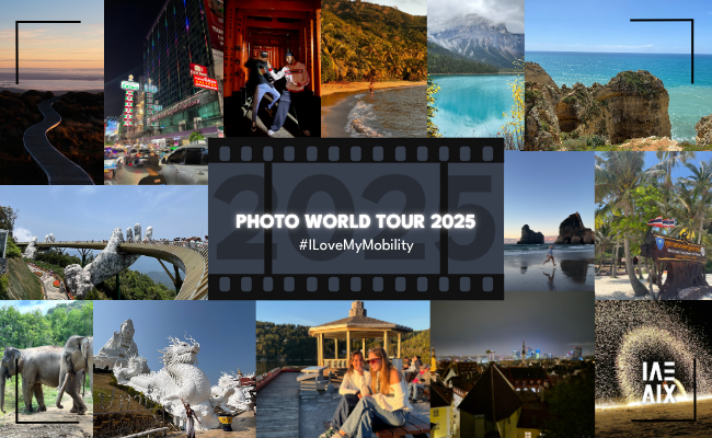 lots of travel photos side by side with in the center the title 'photo world tour 2025 #ILoveMyMobility'